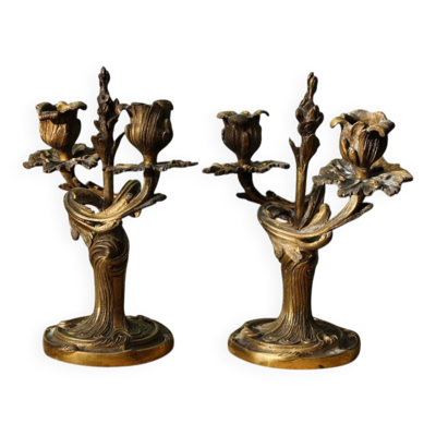 Paire de bougeoirs en bronze, rocaille, 2 feux