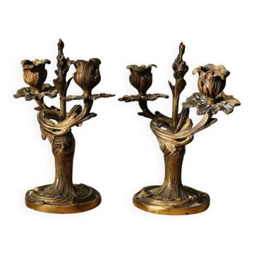 Paire de bougeoirs en bronze, rocaille, 2 feux
