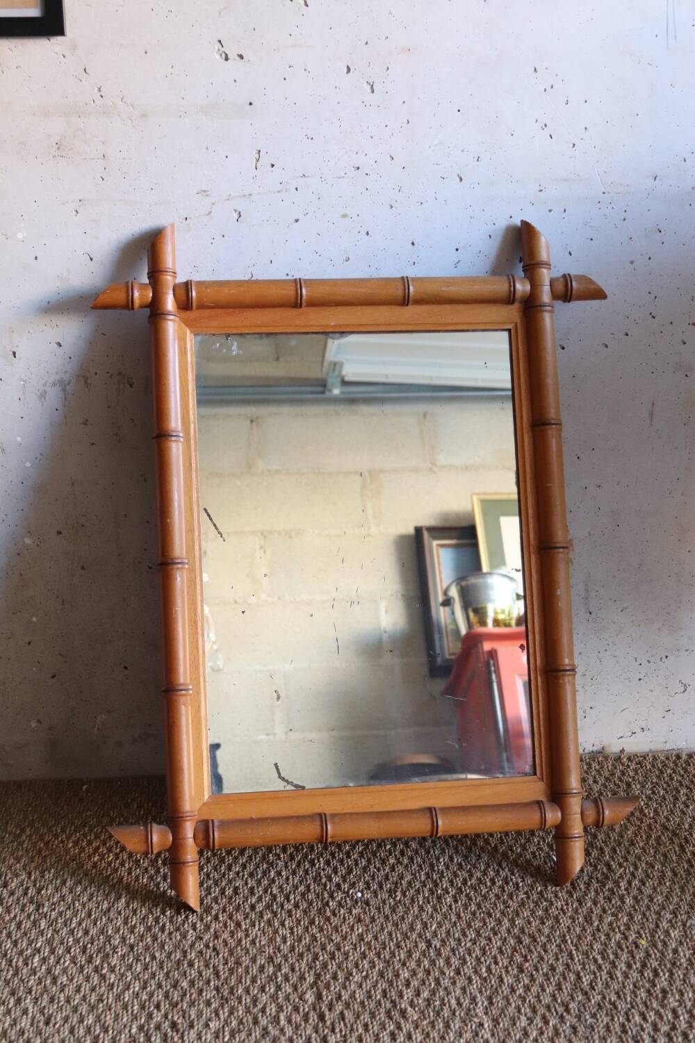 Antique cross mirror, turned wood, bamboo style