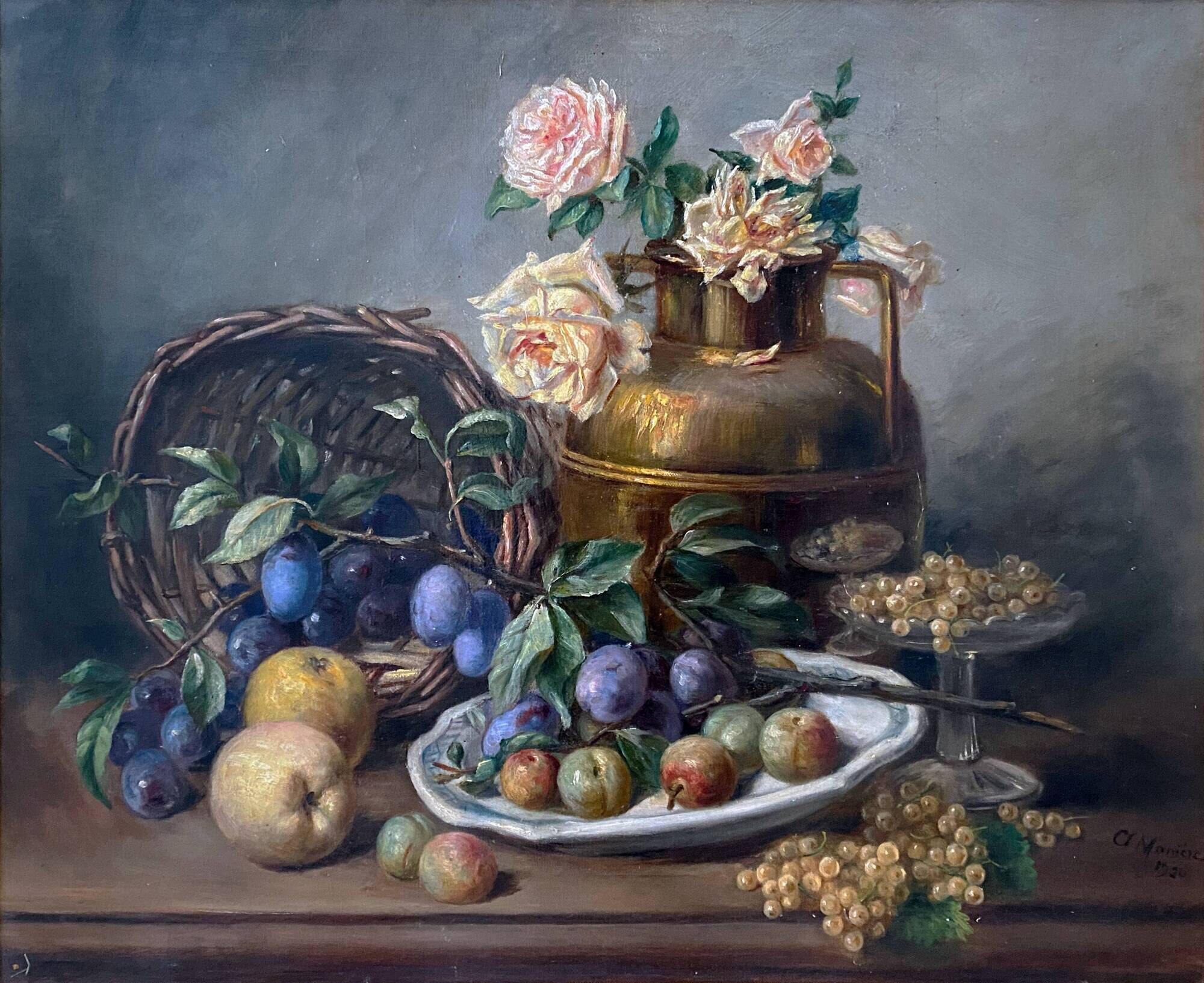 HST painting "Still life with roses and fruits" signed Maniere 1920
