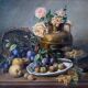 HST painting "Still life with roses and fruits" signed Maniere 1920