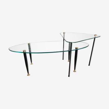 Set of trundle coffee tables in glass and brass