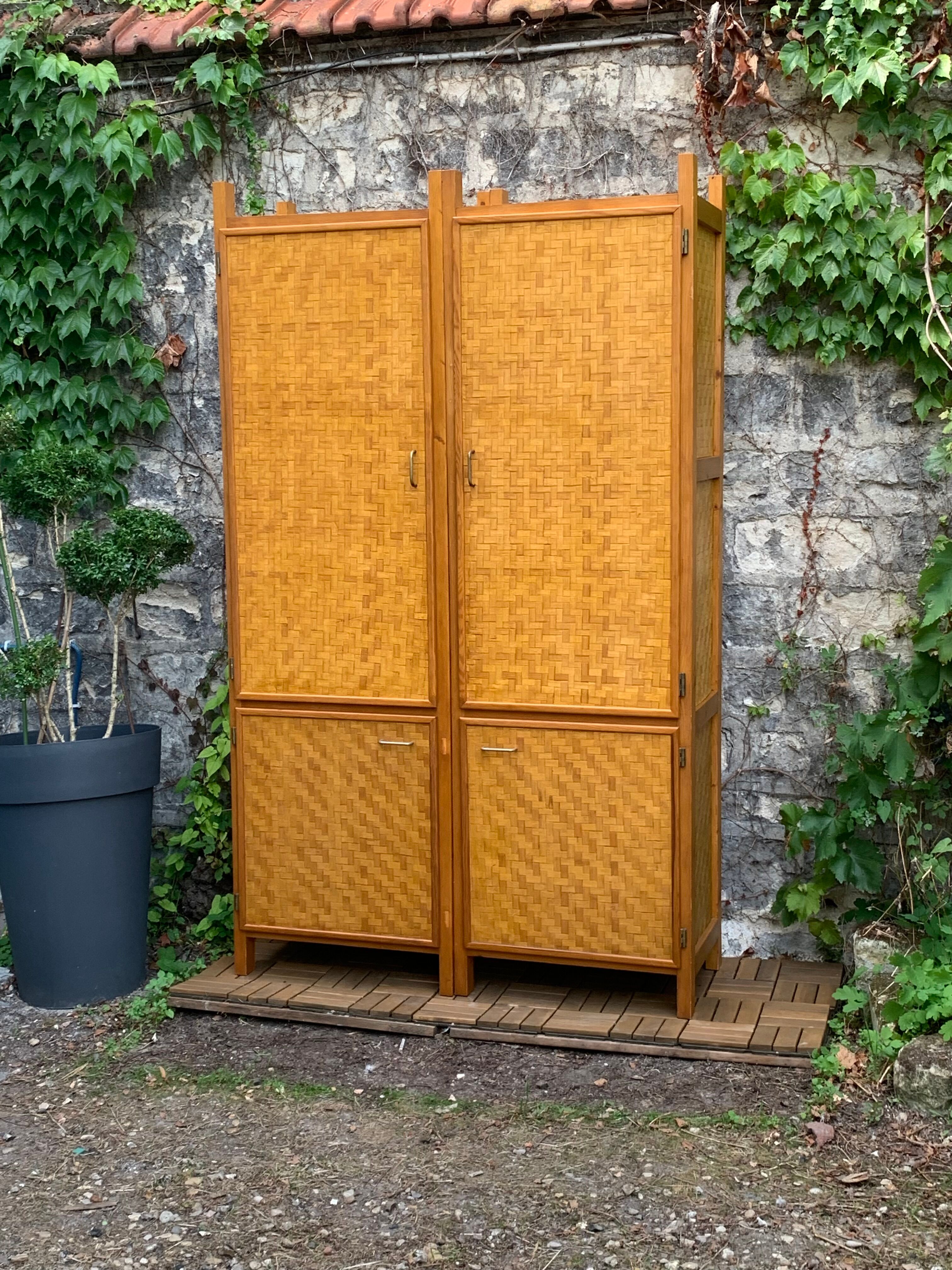 Bamboo cabinet woven and modular pine vintage 1960