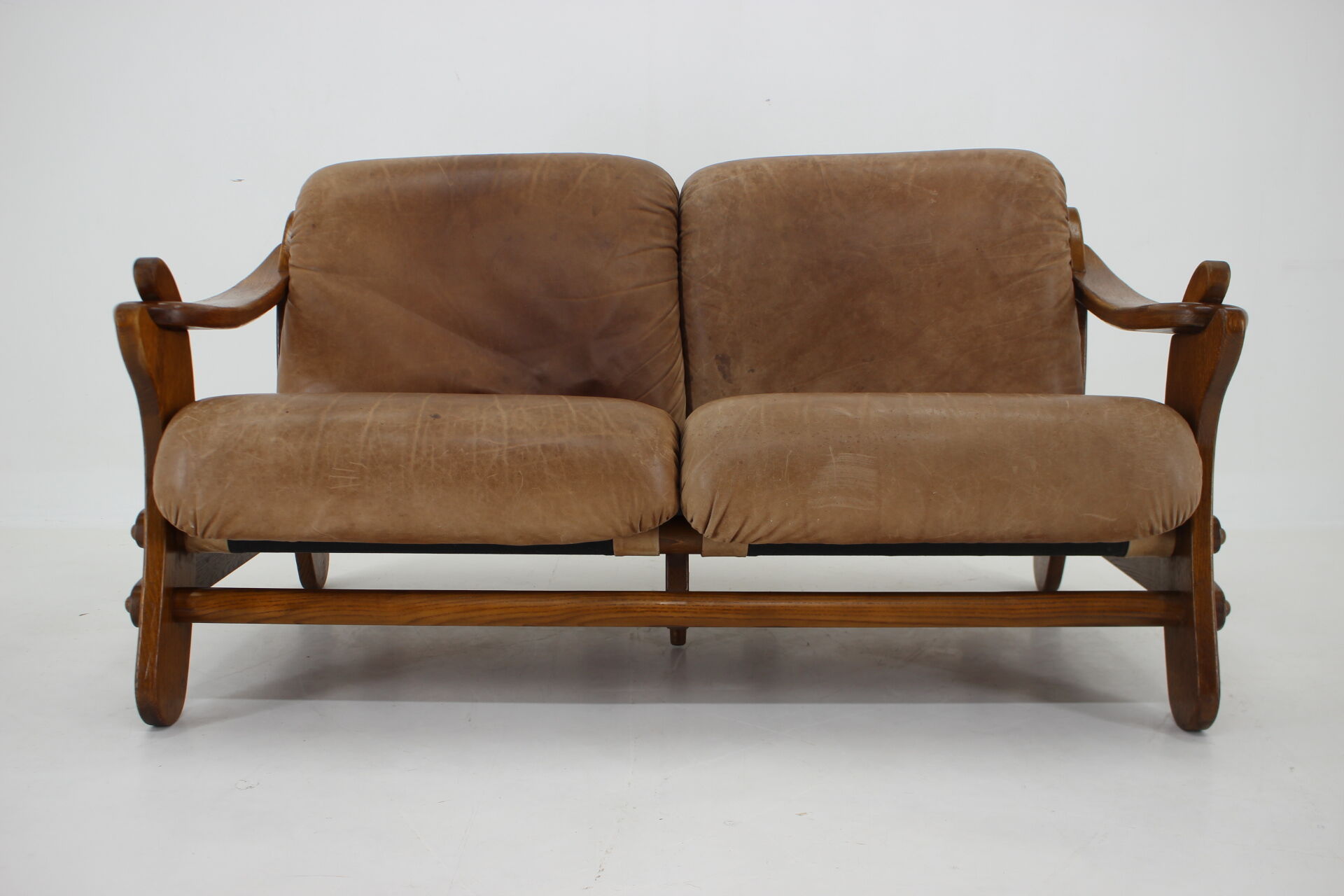 1970s Brutalist Dutch Oak and Leather 2 Seater Sofa