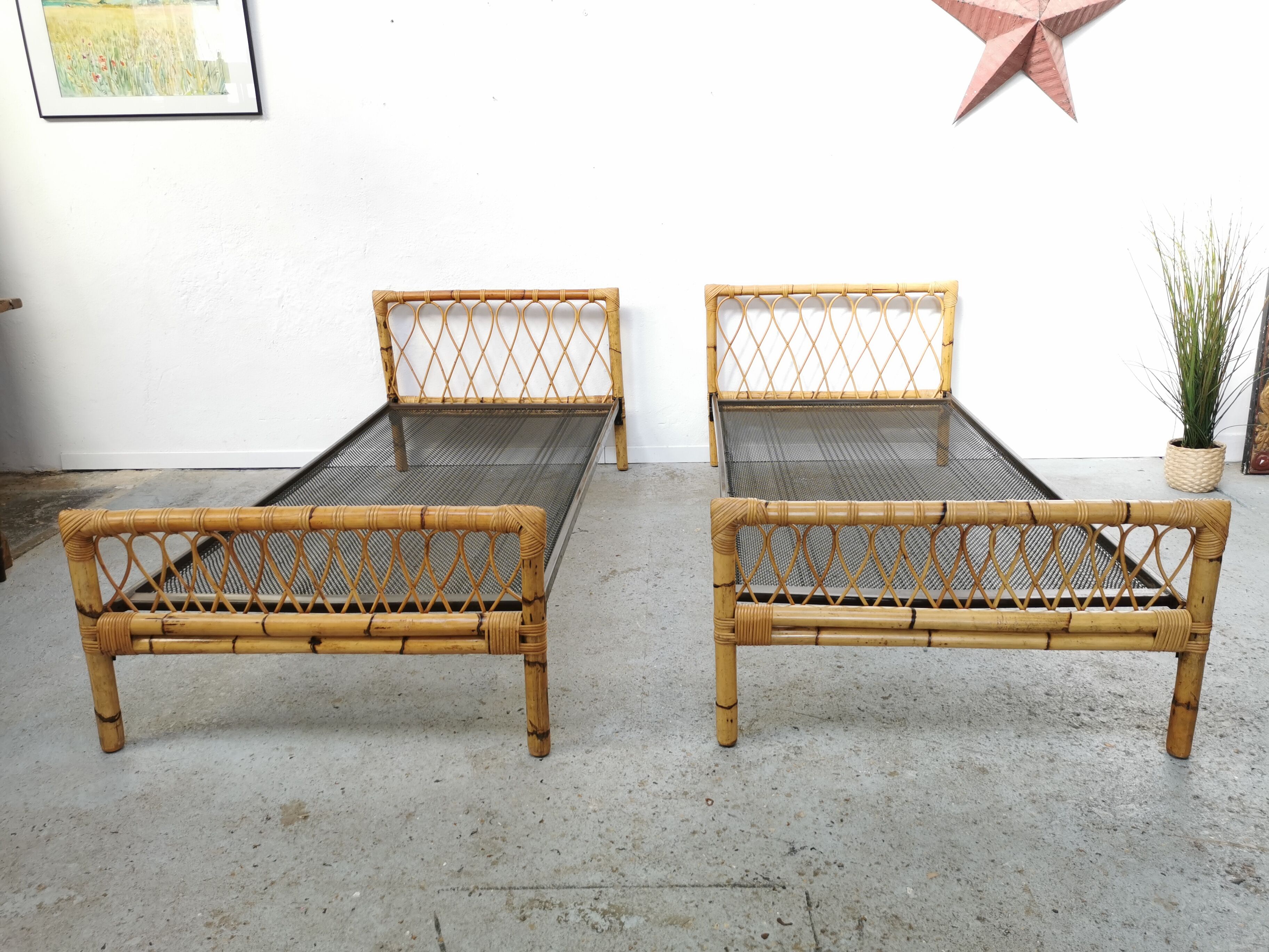 Pair of vintage rattan twin bed