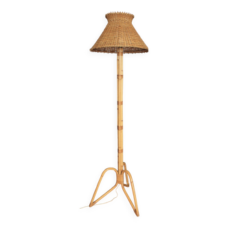 Grand lampadaire tripode rotin et bambou