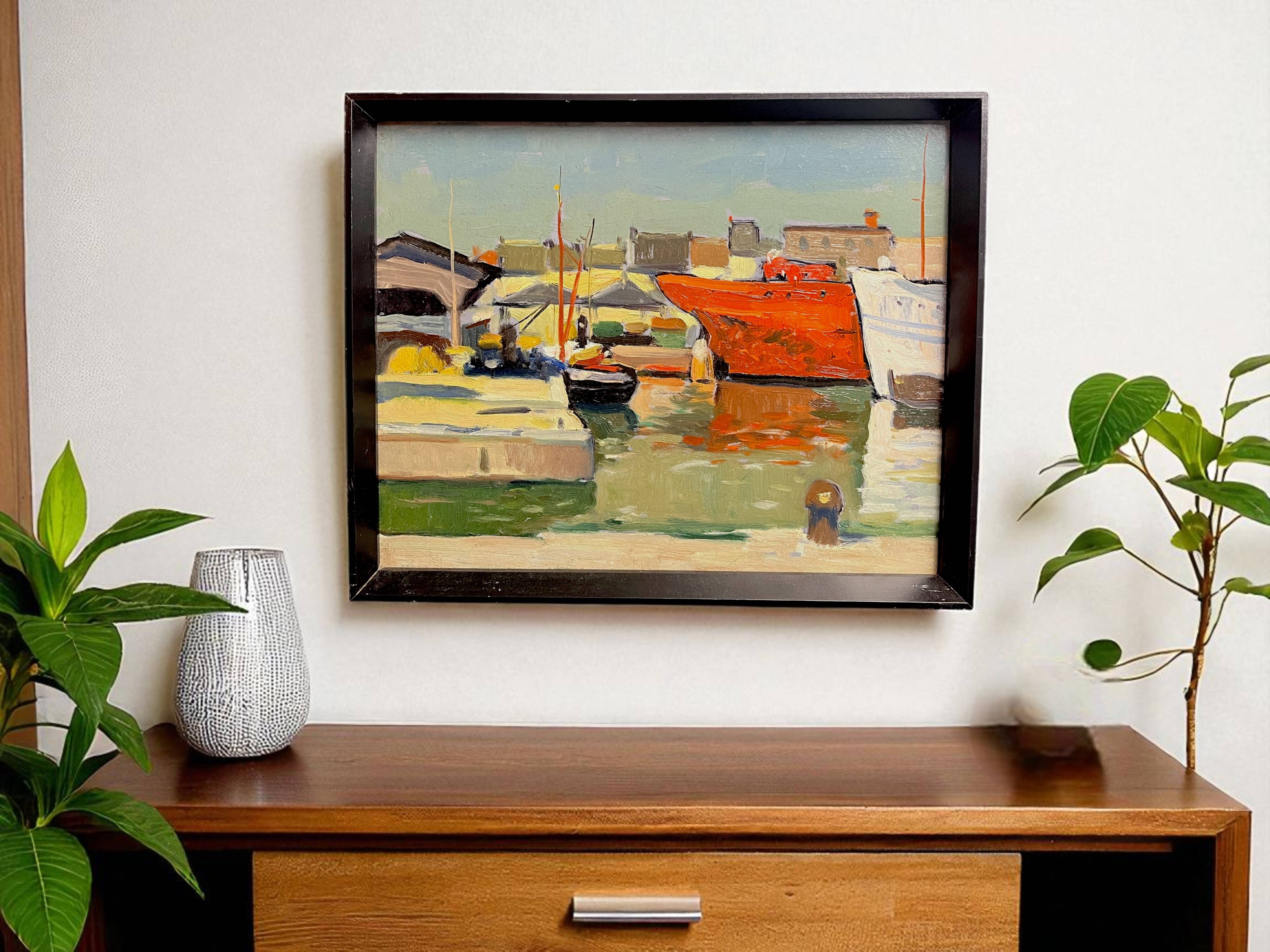Oil on panel Boats in the port frame 20th century