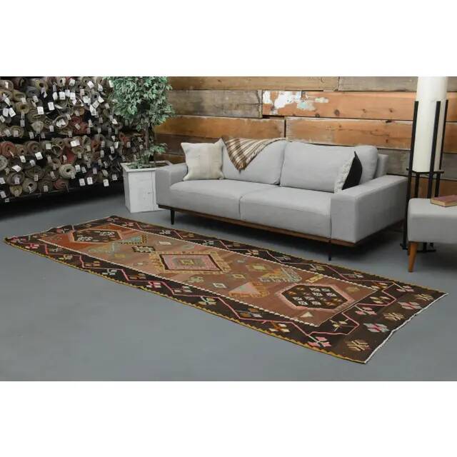 1970s Vintage Turkish Oushak Handmade Wool Cotton Orange Runner Rug 128x347