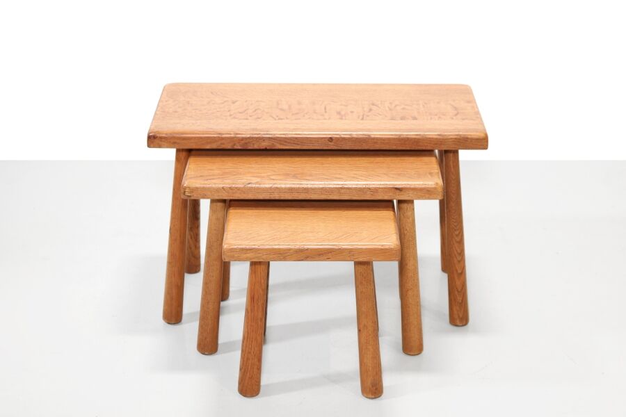 Set of 3 brutalist nesting tables in solid oak