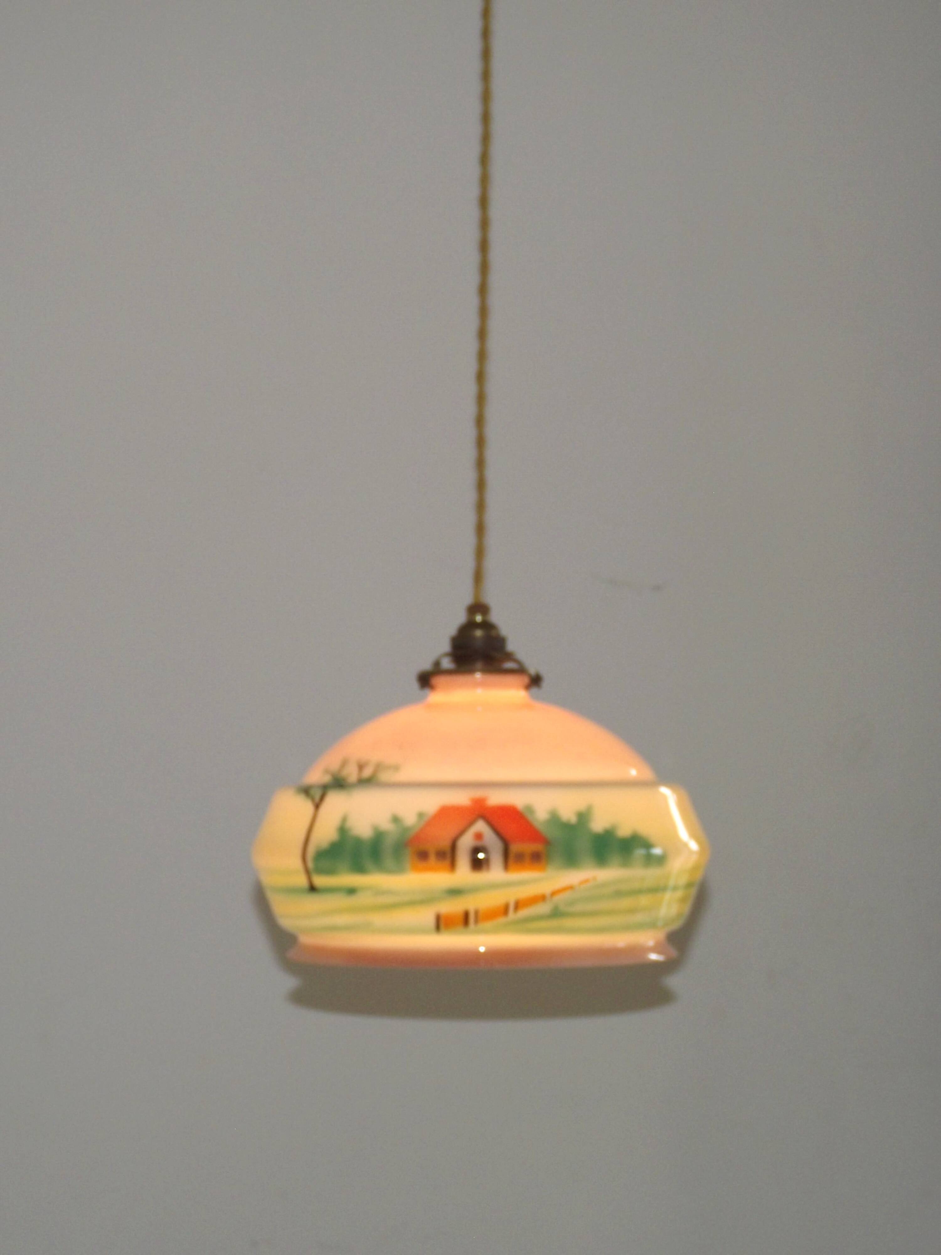 French Art Deco Pink & Cream Pendant Light with House and Tree Design