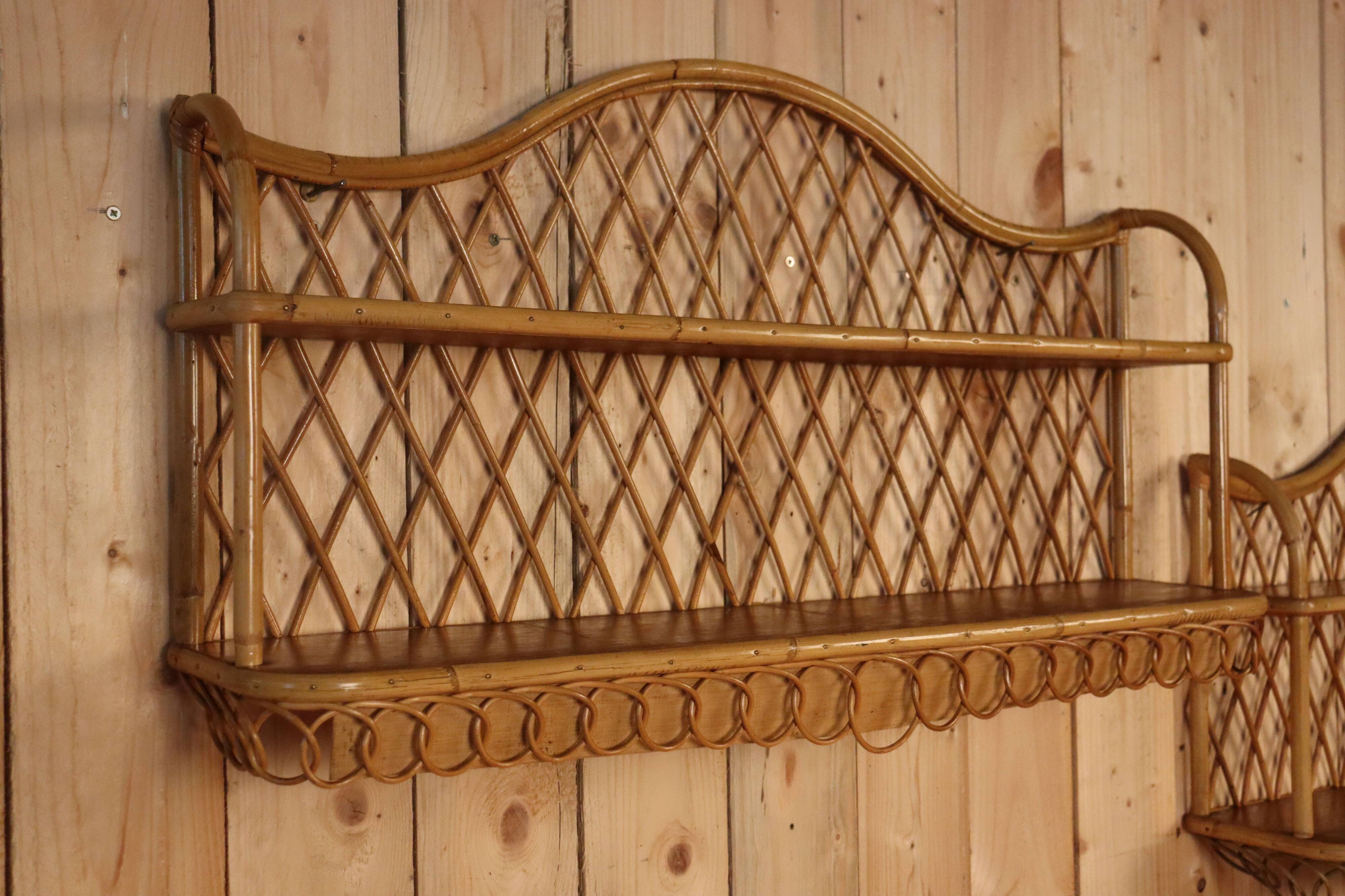 Pair of rattan wall shelves attributed to Audoux Minet