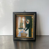 Peinture ancienne sur verre cadre en bois noir avec dorure 16,5 cm x 13,5 cm