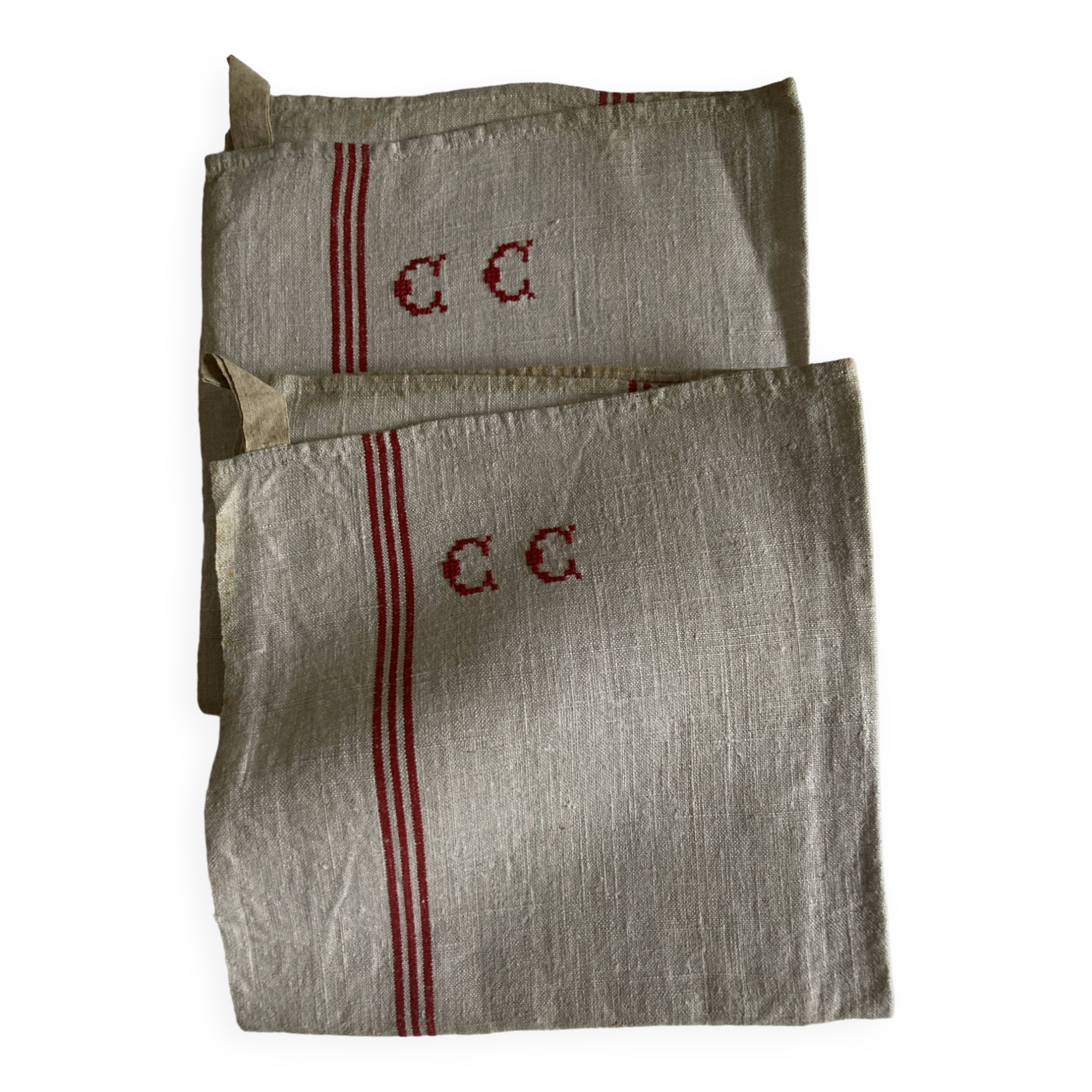 Pair of new old linen cloth tea towels 1930 initials CC