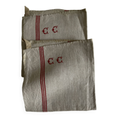 Paire de torchons en toile de lin ancien neufs 1930 initiales CC