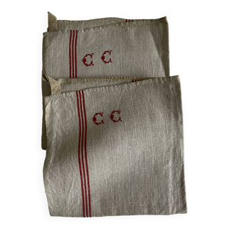 Pair of new old linen cloth tea towels 1930 initials CC