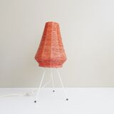 Table lamp with raffia shade on a tripod frame, mid-century lighting