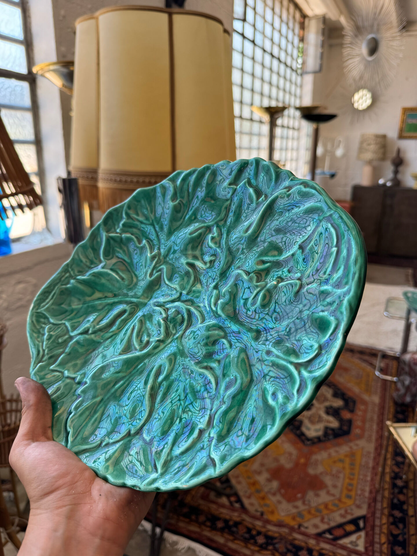 Majolica plate with vine leaves, old Digoin.
