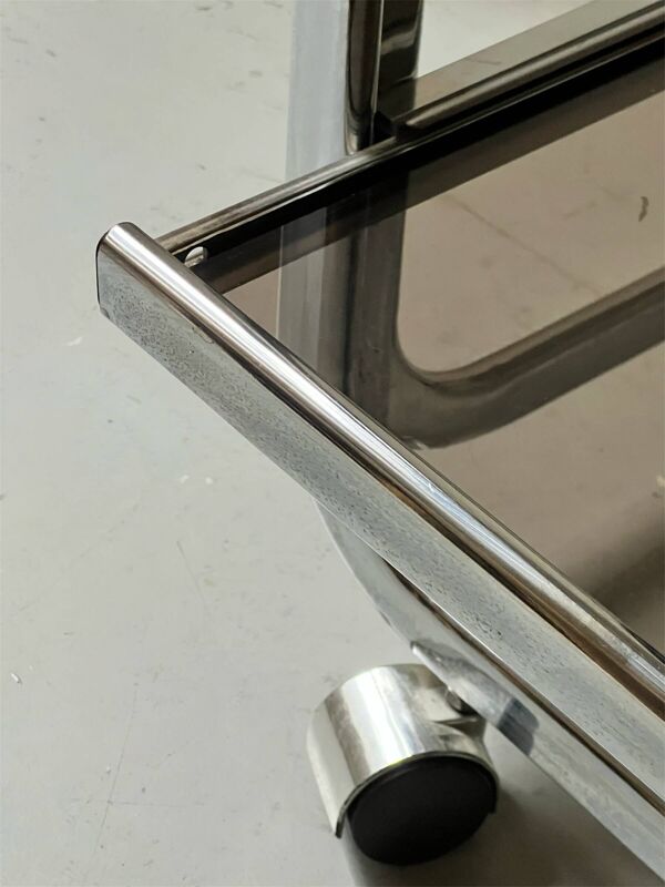 meuble hifi desserte /bar en verre fumé et chrome, design 1970