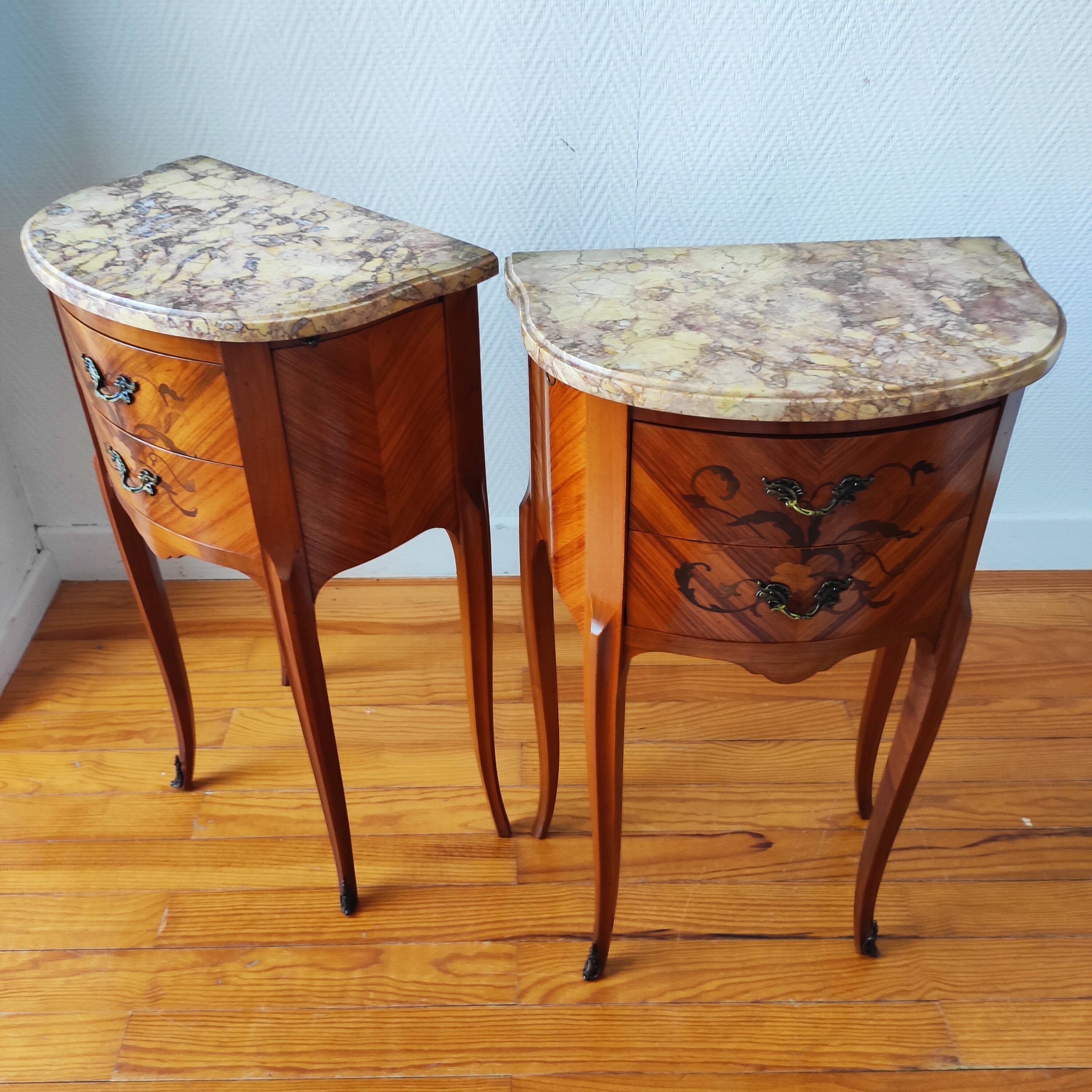 Pair of Louis XV style bedside tables with marquetry and marble.