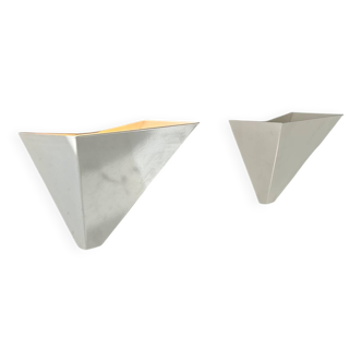 Pair of vintage geometric wall lights, white lacquered metal, France 1970