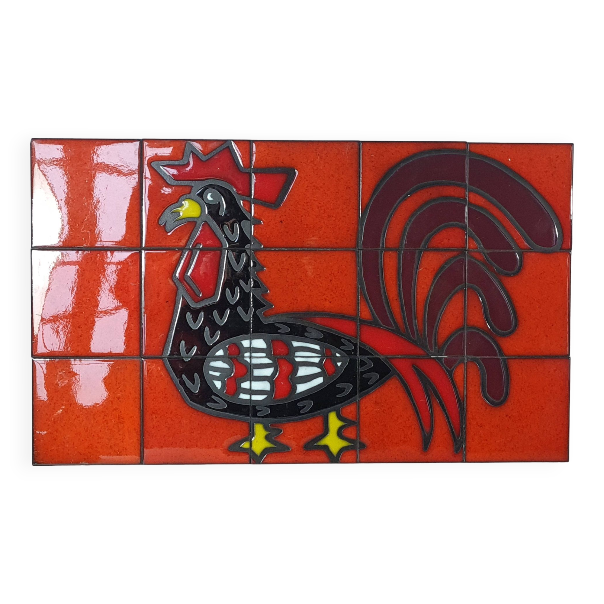 Rooster on vintage enameled ceramic wall plate 50/60s. 50x30cm B667