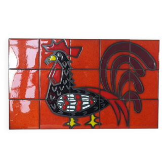 Rooster on vintage enameled ceramic wall plate 50/60s. 50x30cm B667