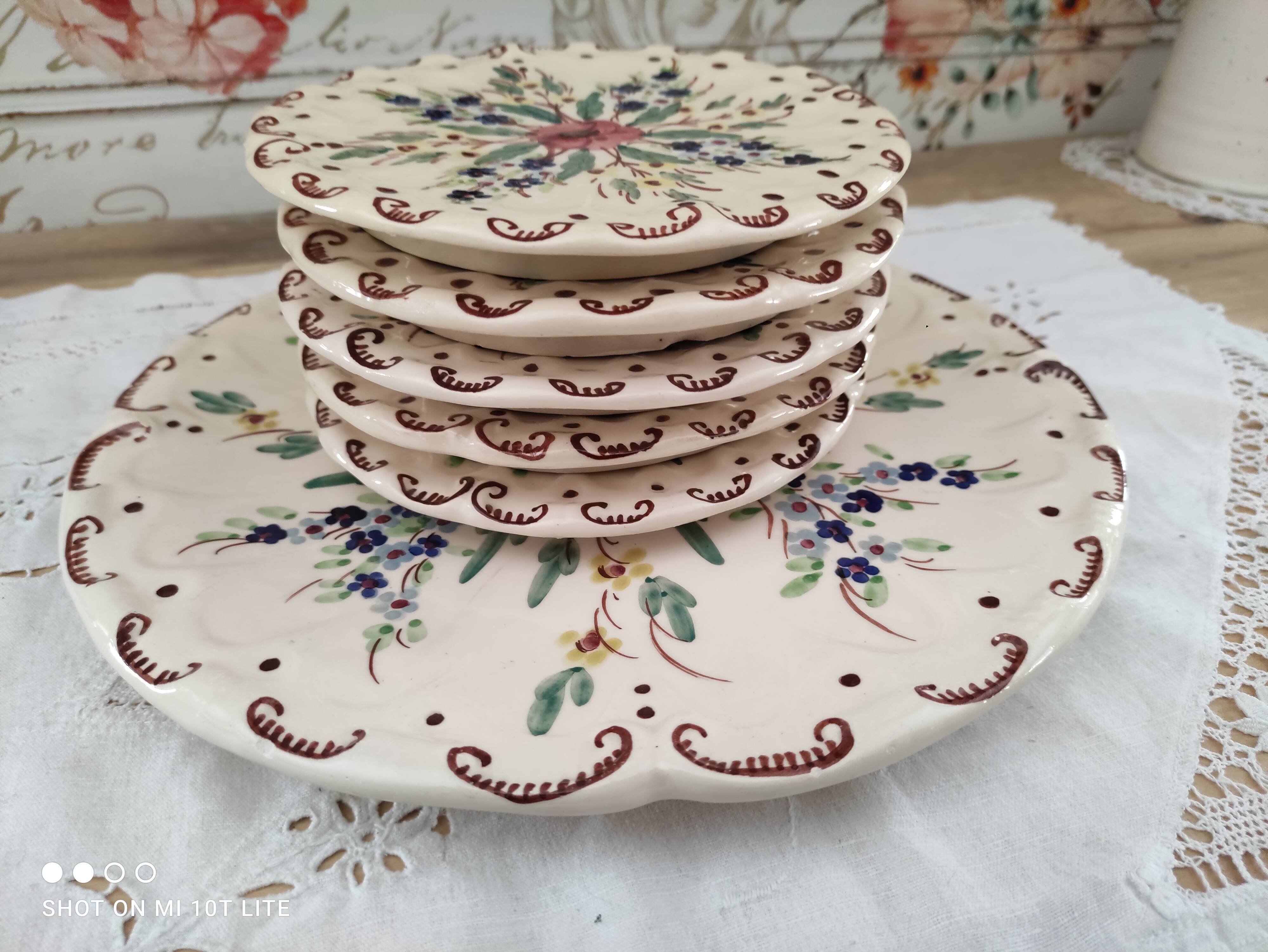 Dessert service 6 pieces 5 people ceramic signed Berger Antibes