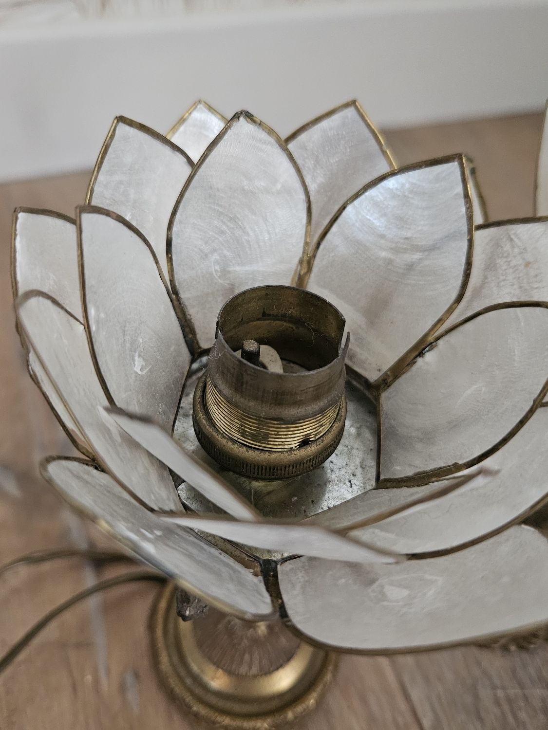 Pair of brass and mother-of-pearl lotus bedside lamps