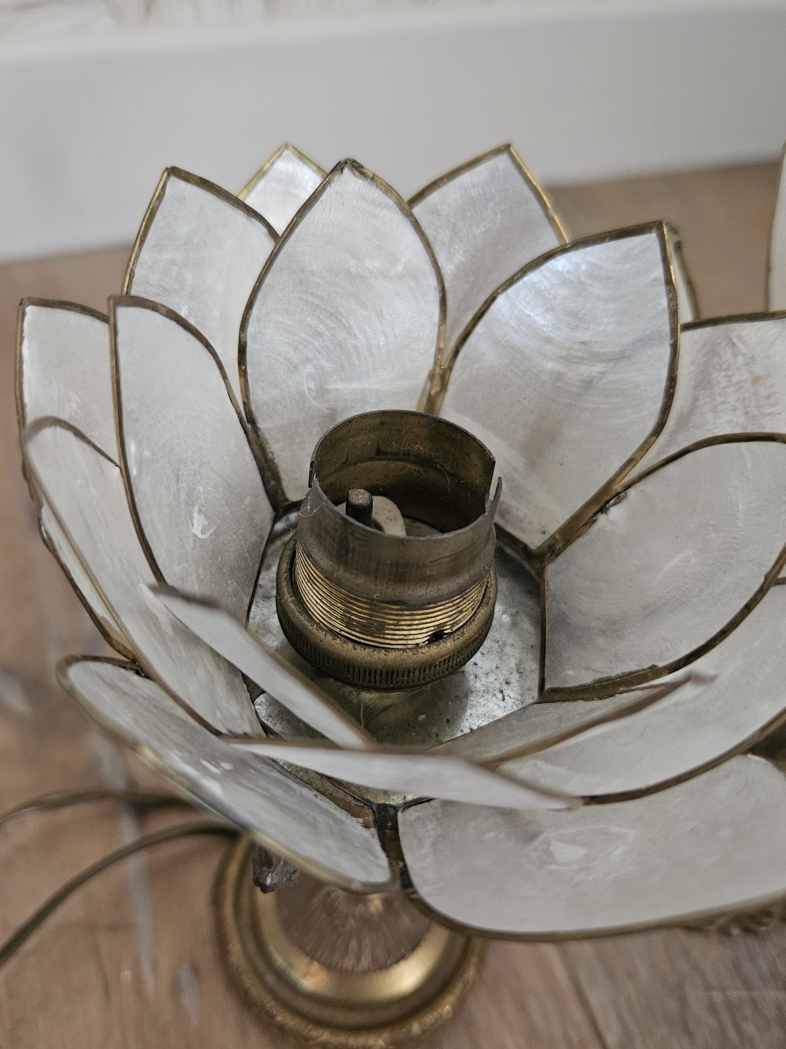 Pair of brass and mother-of-pearl lotus bedside lamps