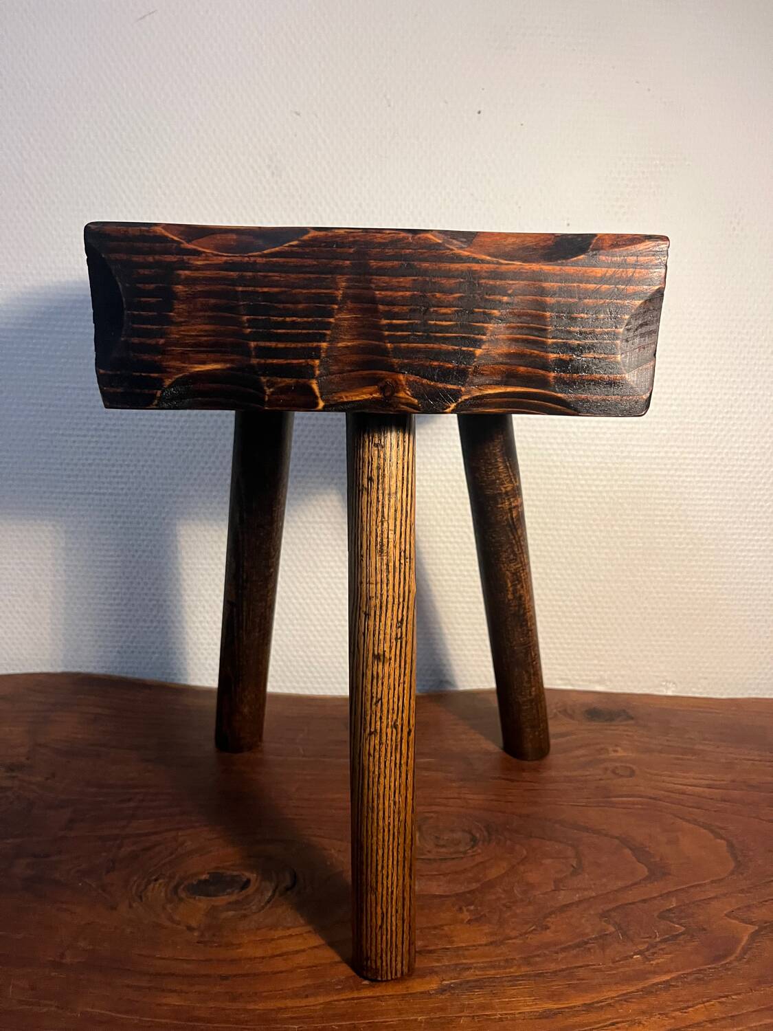 Brutalist tripod wooden stool