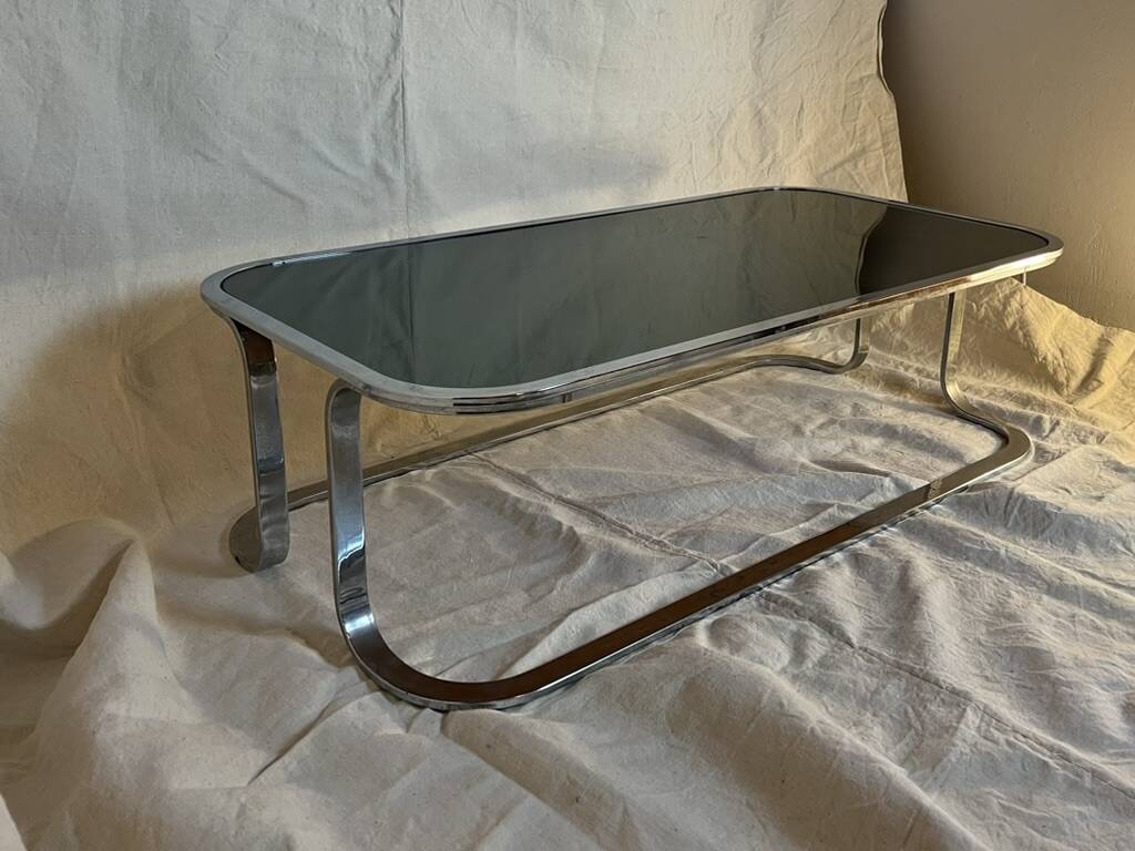 Vintage chrome coffee table with smoked glass, Space Age, 1970s.