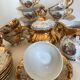Gold Italian porcelain service. Coffee cups - sugar - cream pot / Gallant scene