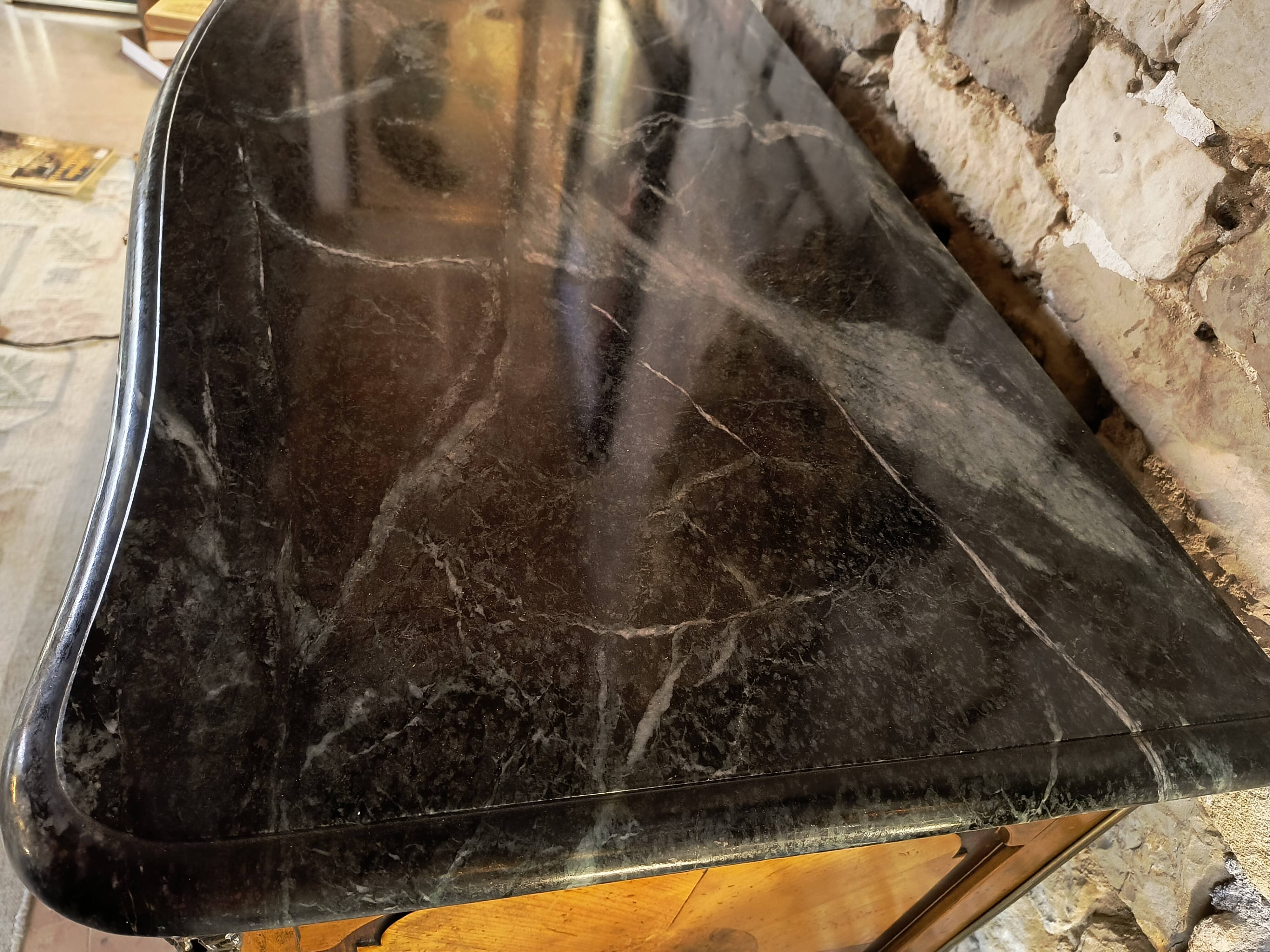 "Louis XIV" style commode with green Alpine marble and walnut burl.