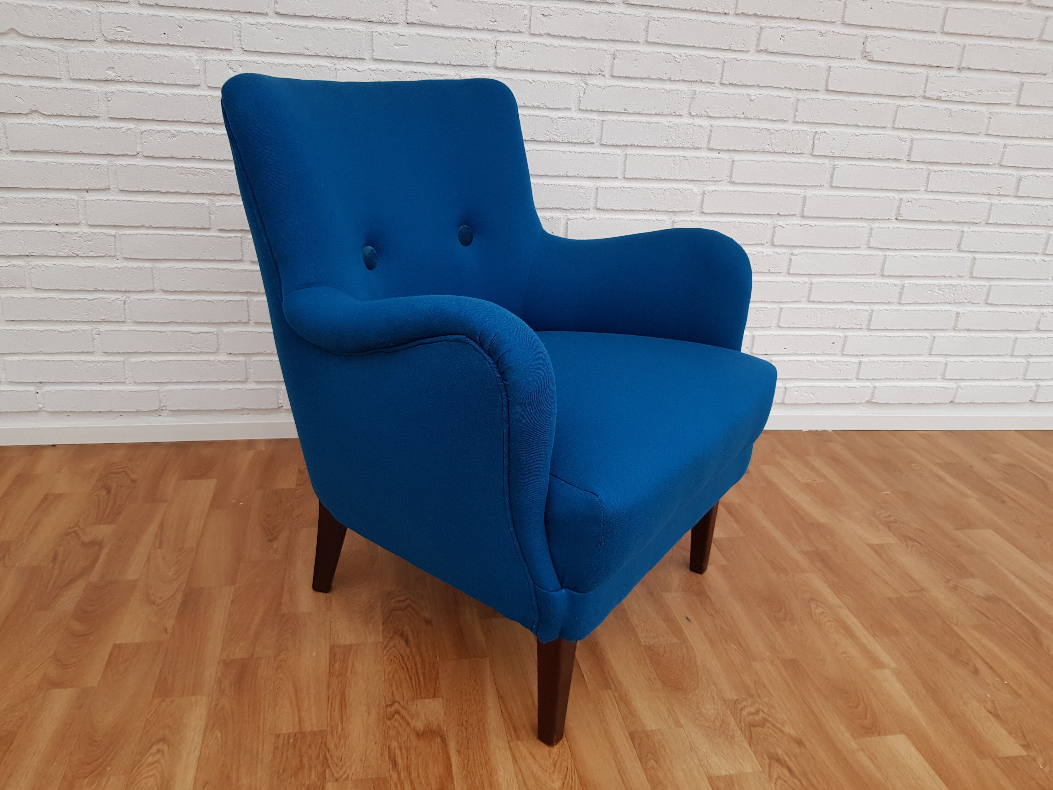 Danish designed armchair, wool, beech, completely renovated