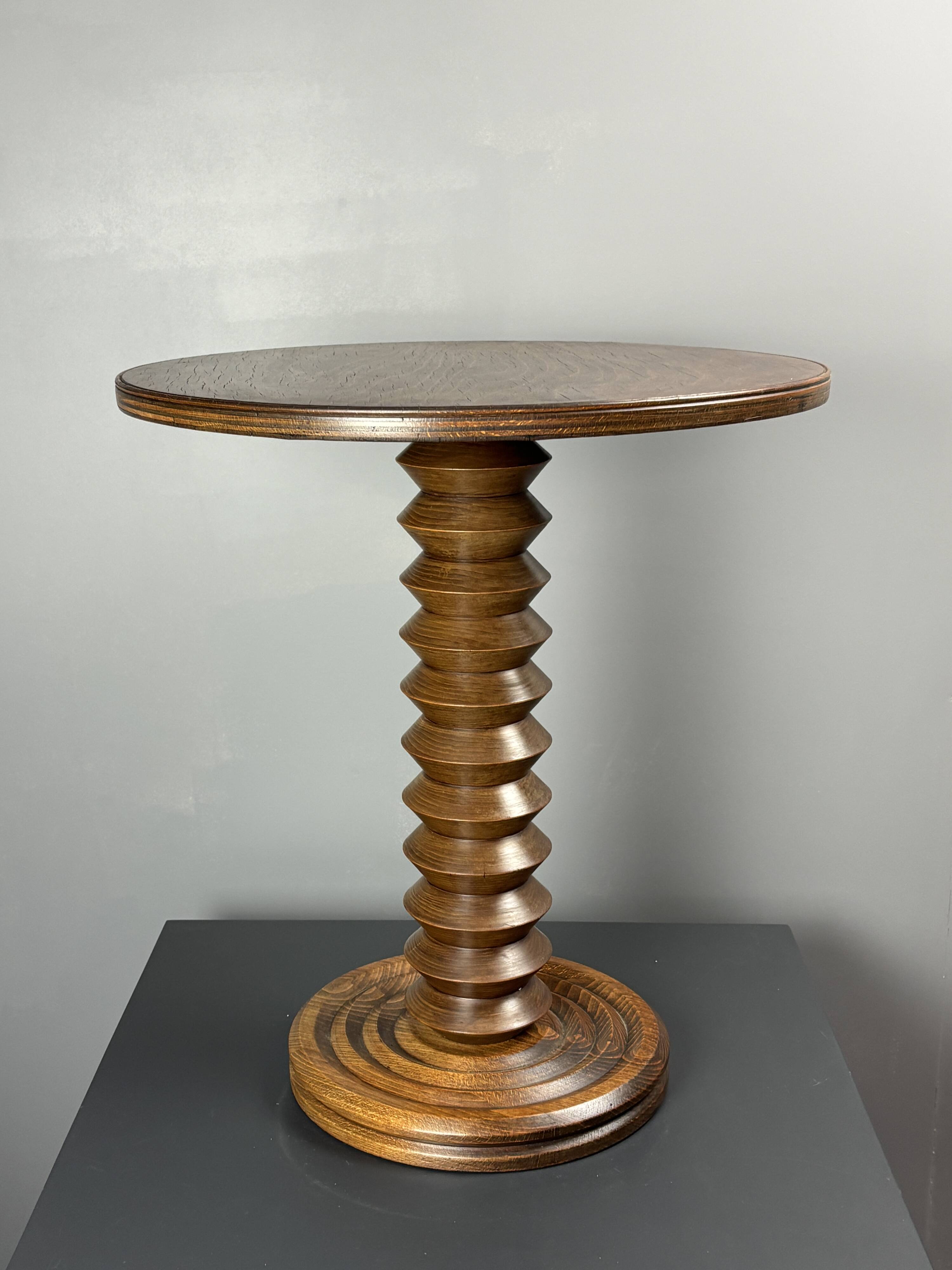 Midcentury brutalist wood turned side table in the style of Charles Dudouyt