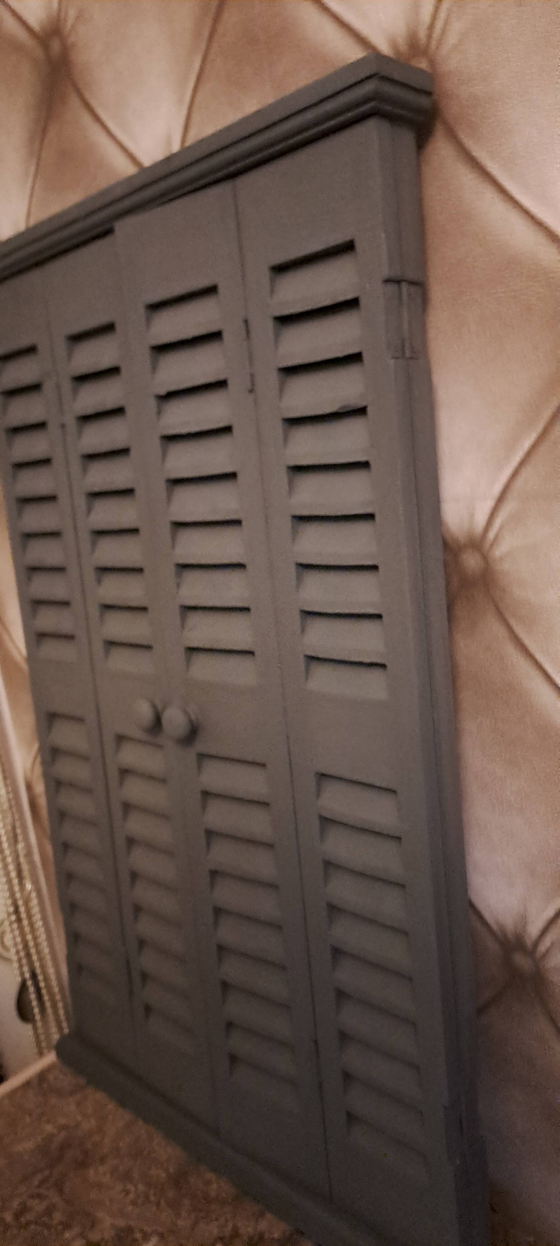 Dark grey wooden trompe l'oeil shutter mirror 1990 / wall decoration object Shutter-style mirror