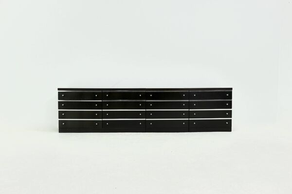 Grand buffet modulaire en bois ébène avec accents en aluminium des années 1980