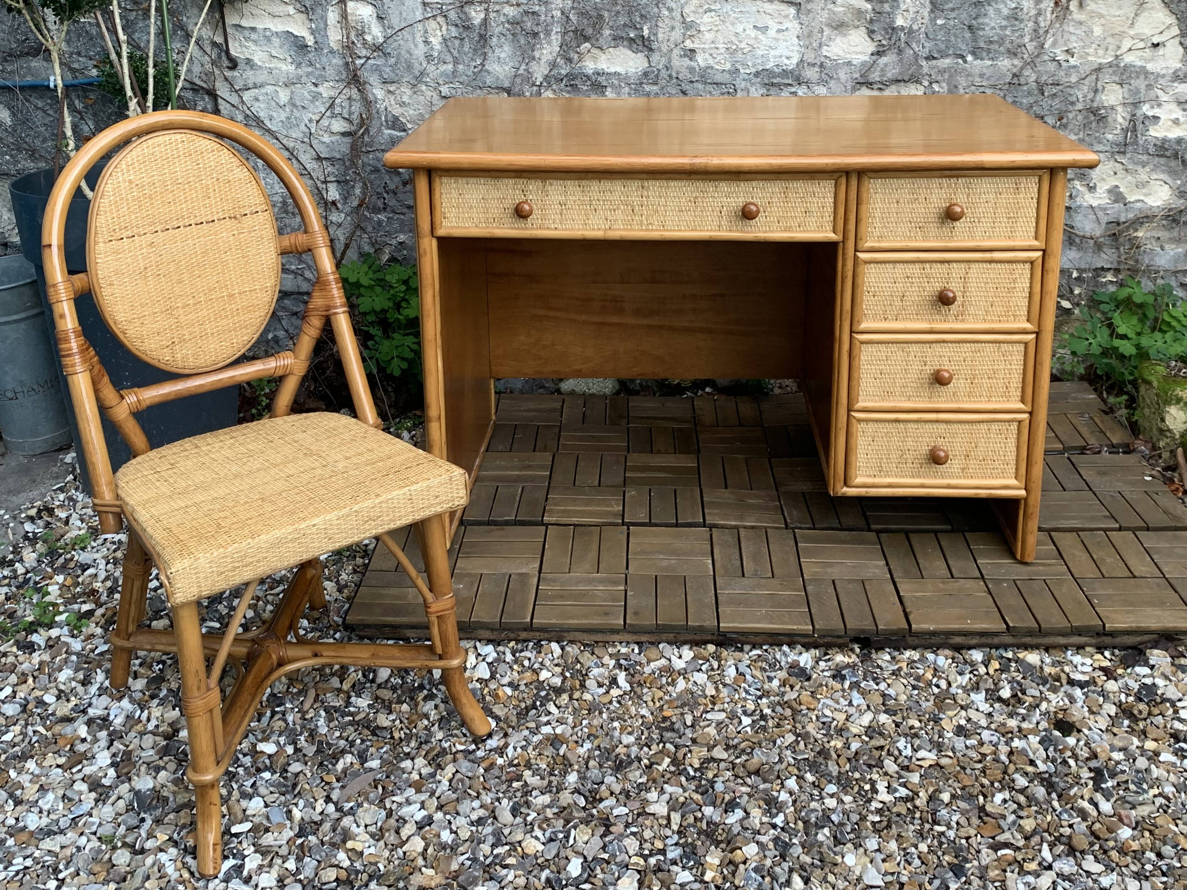 Vintage rattan and woven wicker desk 1970