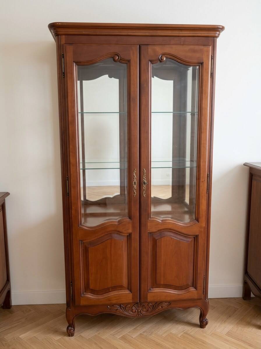Antique cherry wood display cabinet in Louis XV style