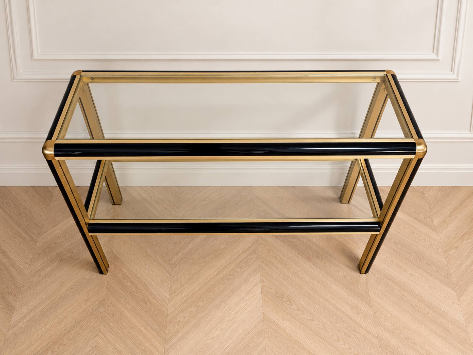 Vintage black and gold console with two glass shelves – 70s/80s