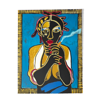 Corneille (1922-2010) - Lithographie signée : Afro-cubaine fumant le cigare, 2000