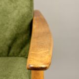 Fauteuil scandinave – revêtement vert, bois de hêtre, vintage
