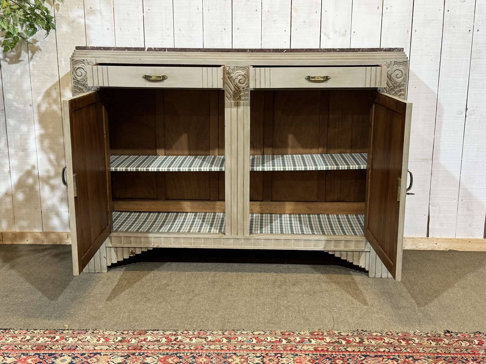 Art Deco sideboard in walnut, oak and marble top.
