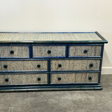 Commode vintage en rotin bleu par Maugrion, France 1970