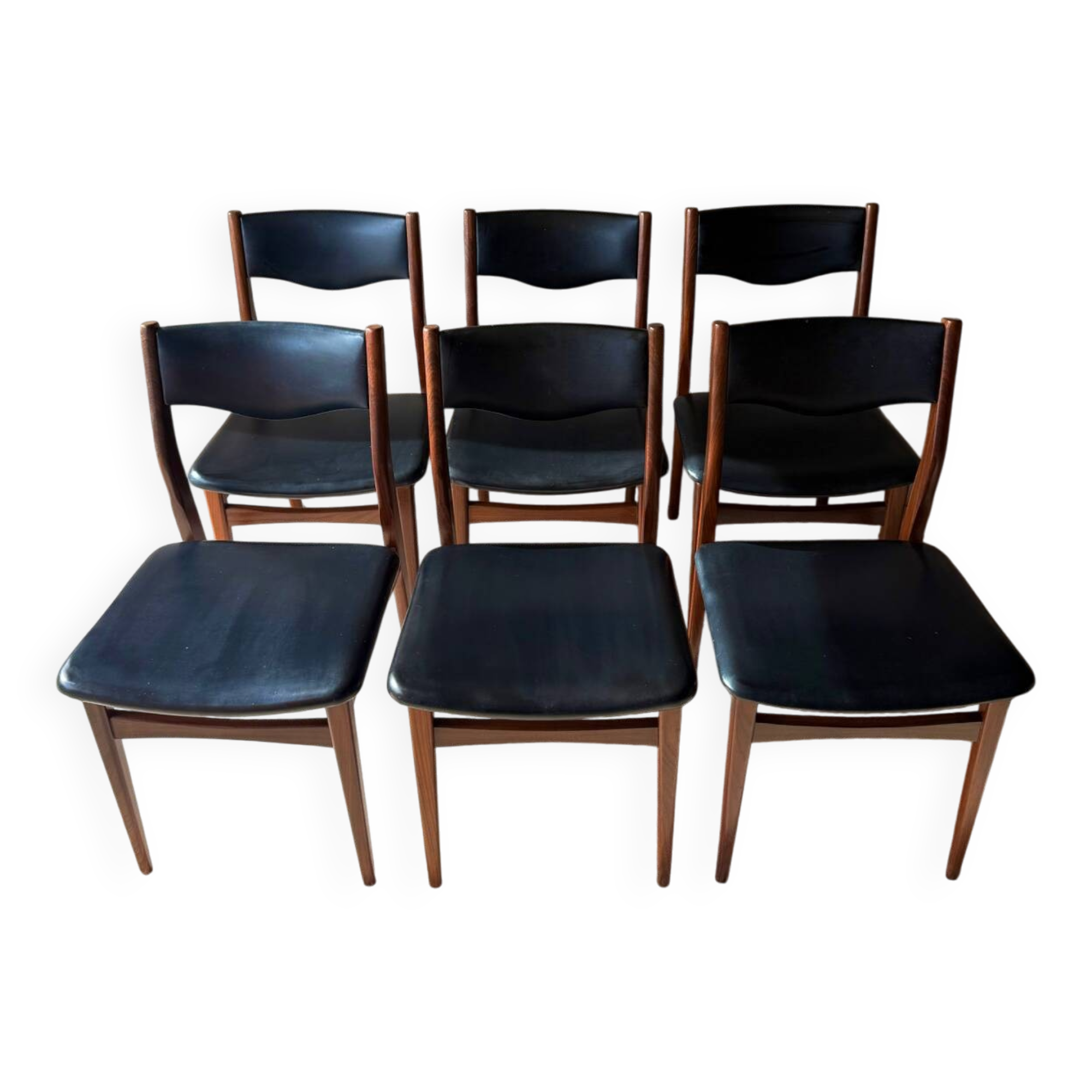 Scandinavian teak chairs, black faux leather (x6)