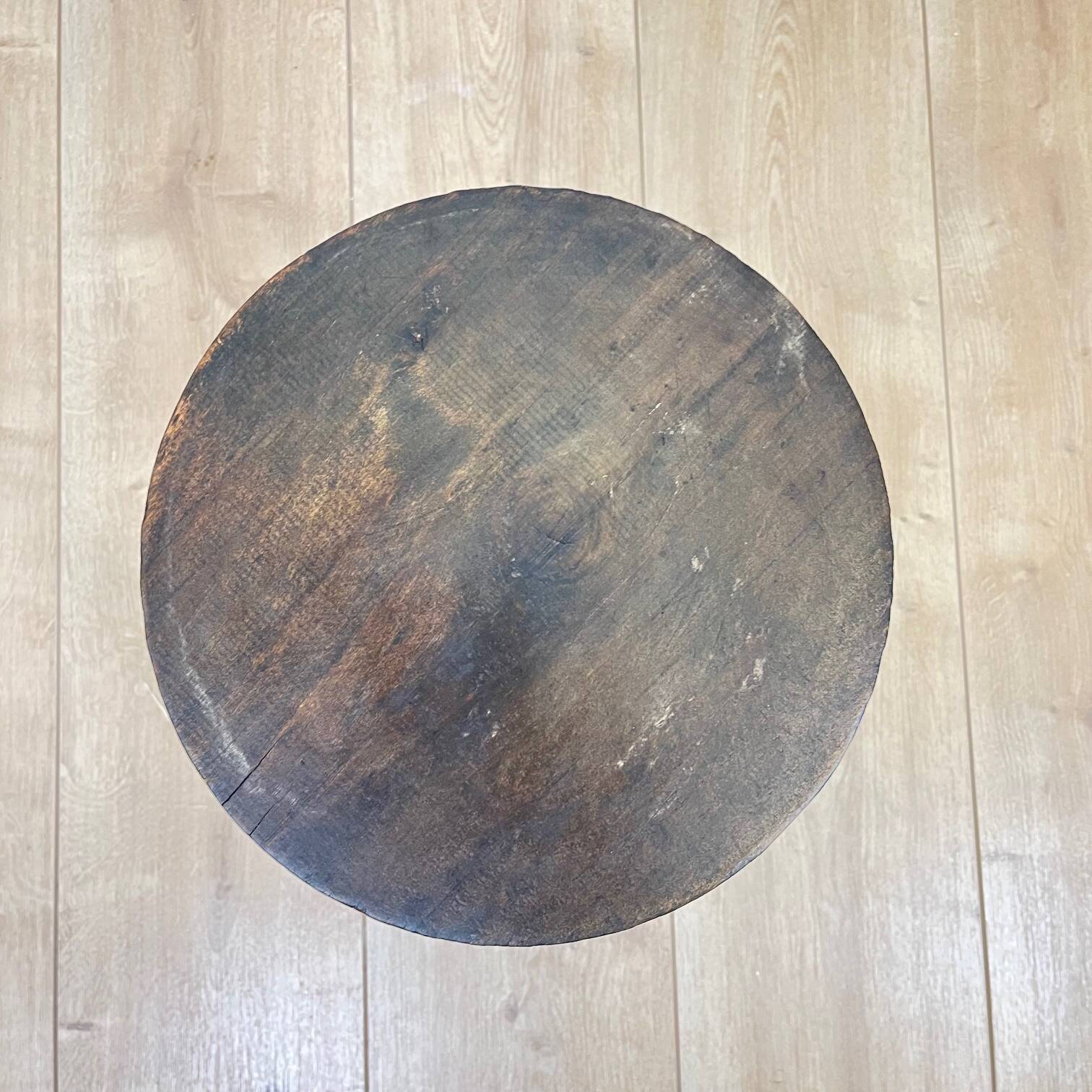 Small brutalist tripod stool in solid wood, 1960