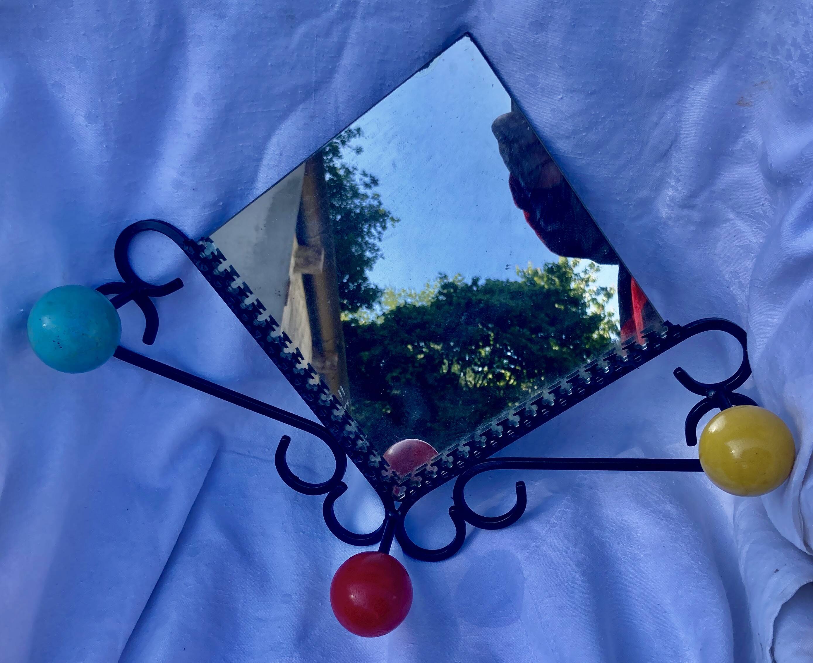 Wrought iron coat rack with wooden ball and vintage mirror 50/60's