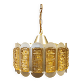 Hanging lamp in brass coloured metal and glass "prisms" with an extra crystal glass shade inside.