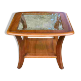 Scandinavian square coffee table, curved wood and glass, 60cm