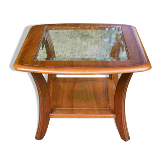 Scandinavian square coffee table, curved wood and glass, 60cm